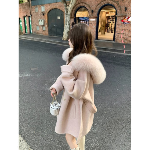 月光初雪雙面毛呢外套女2025新款小個子狐狸毛重磅大毛領羊絨大衣