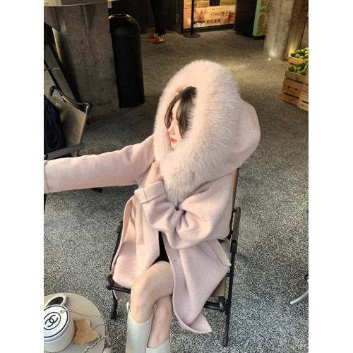 月光初雪雙面毛呢外套女2025新款小個子狐狸毛重磅大毛領羊絨大衣