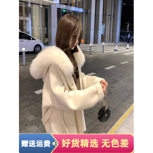 月光初雪雙面毛呢外套女2025新款小個子狐狸毛重磅大毛領羊絨大衣