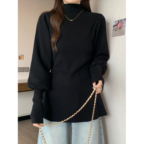 大碼胖MM氣質半高領長袖毛衣女秋冬外穿顯瘦中長款針織衫純色上衣