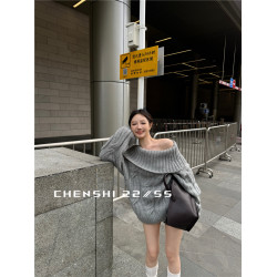 CHENSHI 灰色一字肩毛衣女秋冬加厚松弛慵懶風寬松露肩針織上衣潮