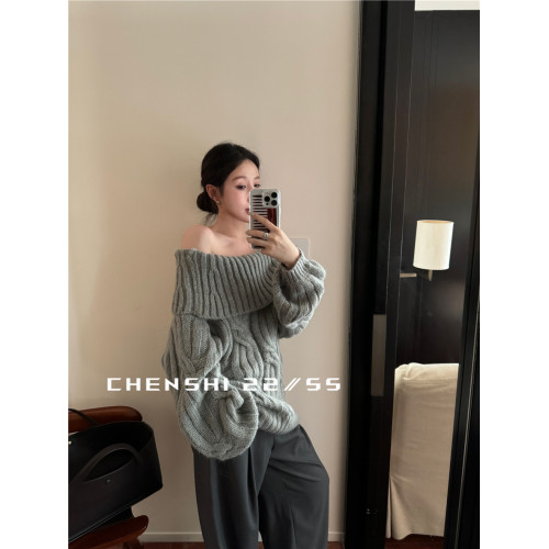 CHENSHI 灰色一字肩毛衣女秋冬加厚松弛慵懶風寬松露肩針織上衣潮