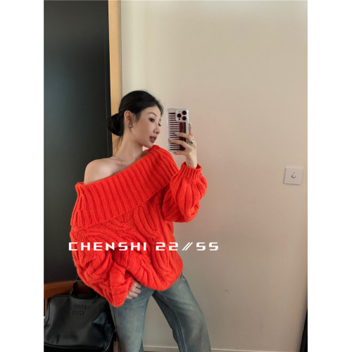 CHENSHI 灰色一字肩毛衣女秋冬加厚松弛慵懶風寬松露肩針織上衣潮