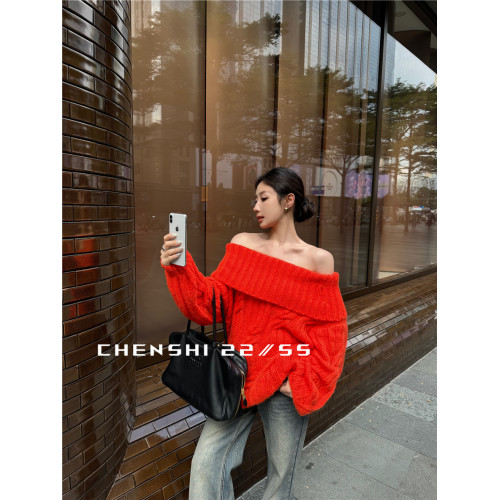 CHENSHI 灰色一字肩毛衣女秋冬加厚松弛慵懶風寬松露肩針織上衣潮