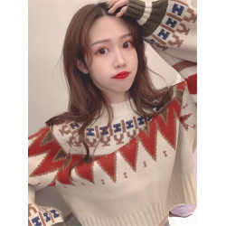 秋冬外穿韓版森系慵懶風撞色拼接寬松長袖針織提花圓領套頭毛衣女