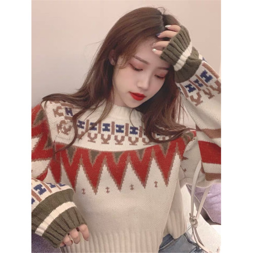 秋冬外穿韓版森系慵懶風撞色拼接寬松長袖針織提花圓領套頭毛衣女