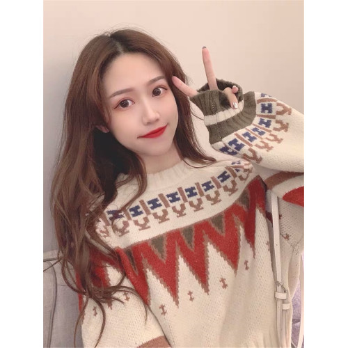 秋冬外穿韓版森系慵懶風撞色拼接寬松長袖針織提花圓領套頭毛衣女