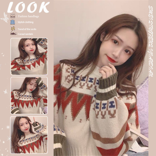 秋冬外穿韓版森系慵懶風撞色拼接寬松長袖針織提花圓領套頭毛衣女