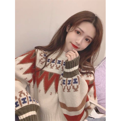 秋冬外穿韓版森系慵懶風撞色拼接寬松長袖針織提花圓領套頭毛衣女