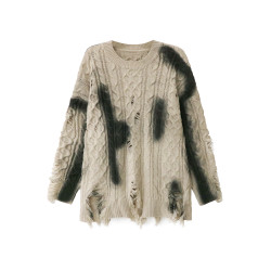 歐洲站小衆設計感時尚噴墨印花破洞毛衣2025秋冬款寬松針織衫上衣