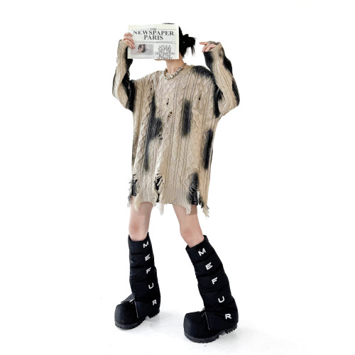 歐洲站小衆設計感時尚噴墨印花破洞毛衣2025秋冬款寬松針織衫上衣