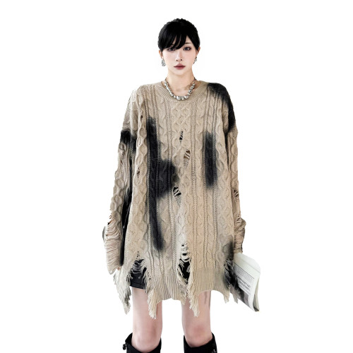 歐洲站小衆設計感時尚噴墨印花破洞毛衣2025秋冬款寬松針織衫上衣