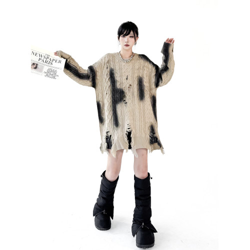 歐洲站小衆設計感時尚噴墨印花破洞毛衣2025秋冬款寬松針織衫上衣