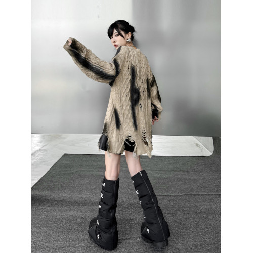 歐洲站小衆設計感時尚噴墨印花破洞毛衣2025秋冬款寬松針織衫上衣