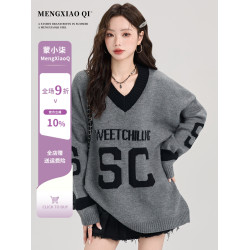 矇小柒慵懶風寬松灰色毛衣女秋冬季休閒字母V領針織上衣內搭打底
