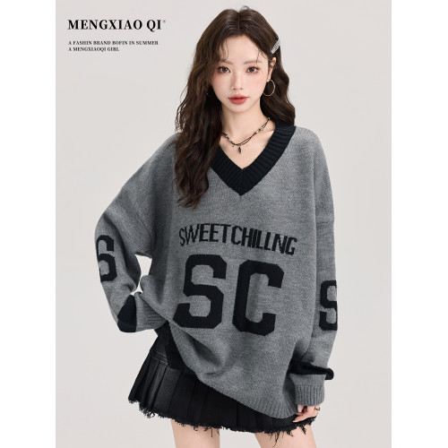 矇小柒慵懶風寬松灰色毛衣女秋冬季休閒字母V領針織上衣內搭打底