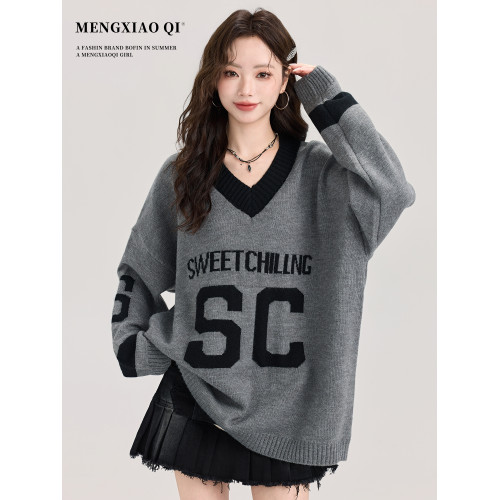 矇小柒慵懶風寬松灰色毛衣女秋冬季休閒字母V領針織上衣內搭打底