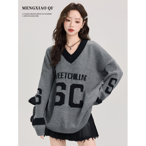 矇小柒慵懶風寬松灰色毛衣女秋冬季休閒字母V領針織上衣內搭打底