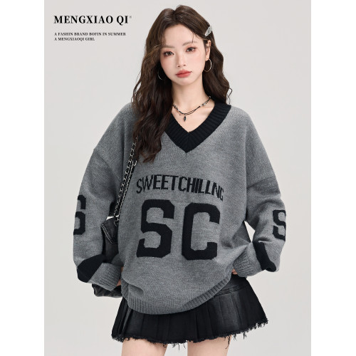 矇小柒慵懶風寬松灰色毛衣女秋冬季休閒字母V領針織上衣內搭打底