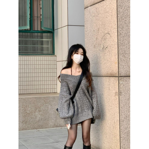 200斤胖MM穿搭慵懶風復古V領寬松灰色麻花毛衣女學生秋冬外穿