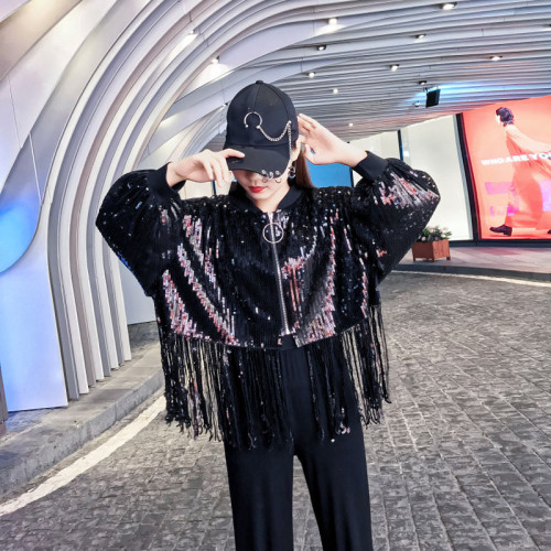 歐洲站春秋重工閃亮片高腰長袖短款外套女舞台表演服寬松流蘇上衣 歐洲站春秋重工閃亮片高腰長袖短款外套女舞台表演服寬松流蘇上衣