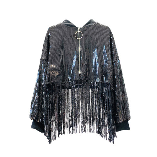 歐洲站春秋重工閃亮片高腰長袖短款外套女舞台表演服寬松流蘇上衣 歐洲站春秋重工閃亮片高腰長袖短款外套女舞台表演服寬松流蘇上衣