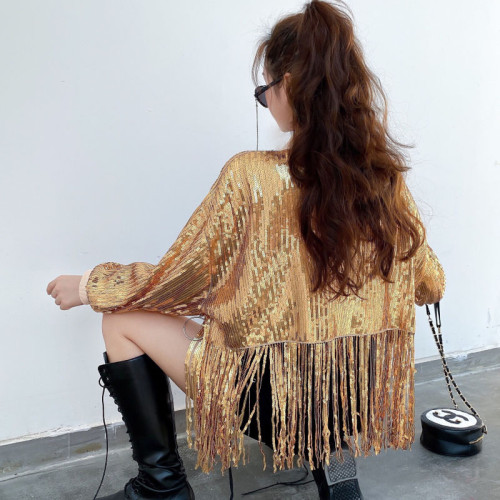 歐洲站春秋重工閃亮片高腰長袖短款外套女舞台表演服寬松流蘇上衣 歐洲站春秋重工閃亮片高腰長袖短款外套女舞台表演服寬松流蘇上衣