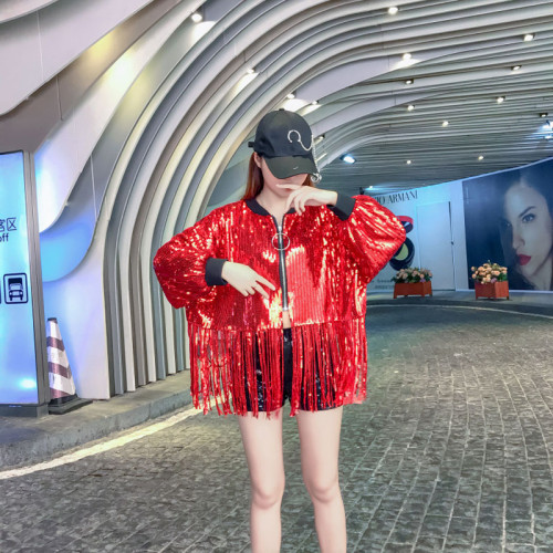 歐洲站春秋重工閃亮片高腰長袖短款外套女舞台表演服寬松流蘇上衣 歐洲站春秋重工閃亮片高腰長袖短款外套女舞台表演服寬松流蘇上衣