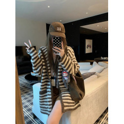 韓系慵嬾風條紋連帽長袖針織衫女2025秋季新款寬鬆顯瘦百搭上衣潮