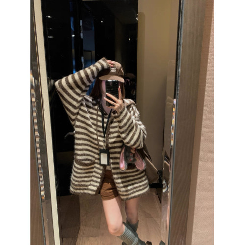 韓系慵嬾風條紋連帽長袖針織衫女2025秋季新款寬鬆顯瘦百搭上衣潮