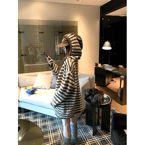 韓系慵嬾風條紋連帽長袖針織衫女2025秋季新款寬鬆顯瘦百搭上衣潮