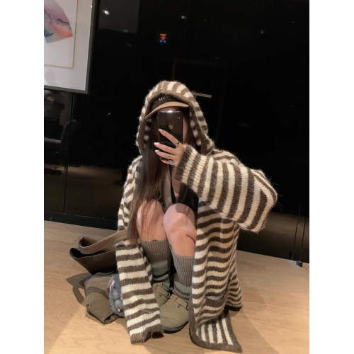 韓系慵嬾風條紋連帽長袖針織衫女2025秋季新款寬鬆顯瘦百搭上衣潮