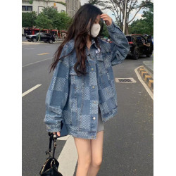 網紅炸街格子牛仔外套女春秋新款韓版設計感寬松炫酷顯瘦夾克上衣