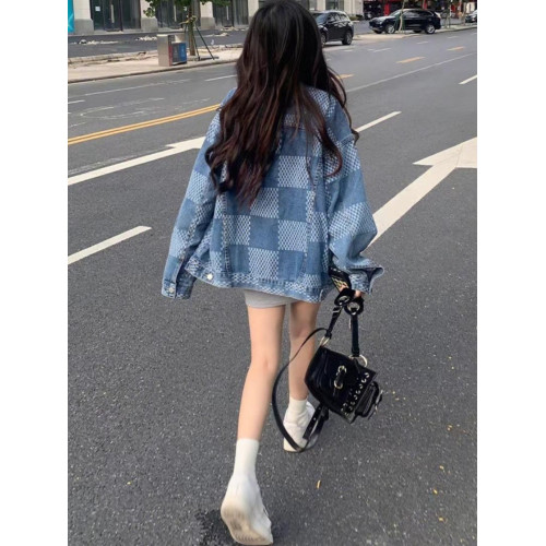網紅炸街格子牛仔外套女春秋新款韓版設計感寬松炫酷顯瘦夾克上衣 網紅炸街格子牛仔外套女春秋新款韓版設計感寬松炫酷顯瘦夾克上衣
