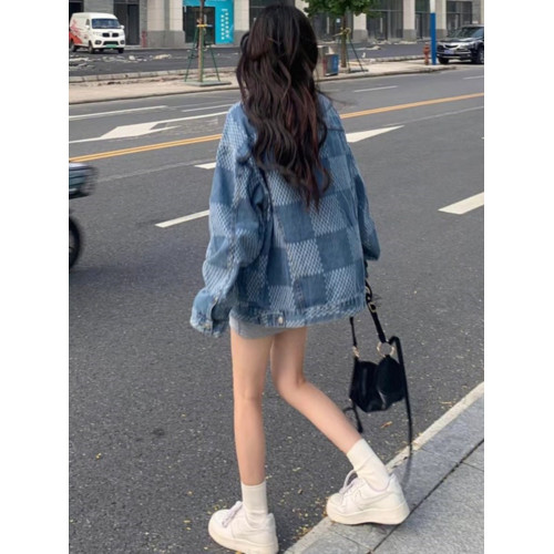 網紅炸街格子牛仔外套女春秋新款韓版設計感寬松炫酷顯瘦夾克上衣 網紅炸街格子牛仔外套女春秋新款韓版設計感寬松炫酷顯瘦夾克上衣
