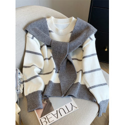 專櫃撤迴大牌剪標女裝條紋毛衣兩件套女秋冬學院風披肩針織衫上衣