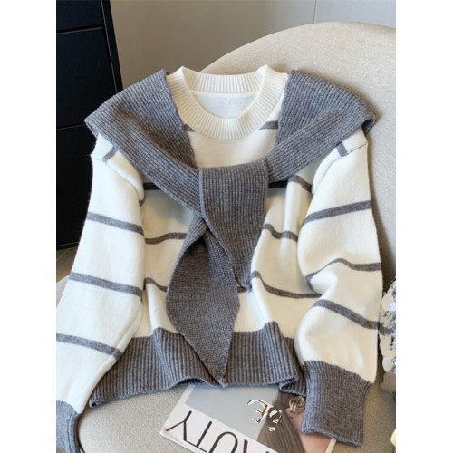 專櫃撤迴大牌剪標女裝條紋毛衣兩件套女秋冬學院風披肩針織衫上衣