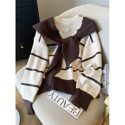 專櫃撤迴大牌剪標女裝條紋毛衣兩件套女秋冬學院風披肩針織衫上衣