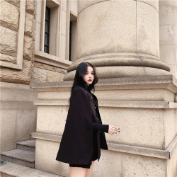 黑色毛呢外套女2023韓版流行加厚娃娃領a字鬭篷赫本小個子呢大衣