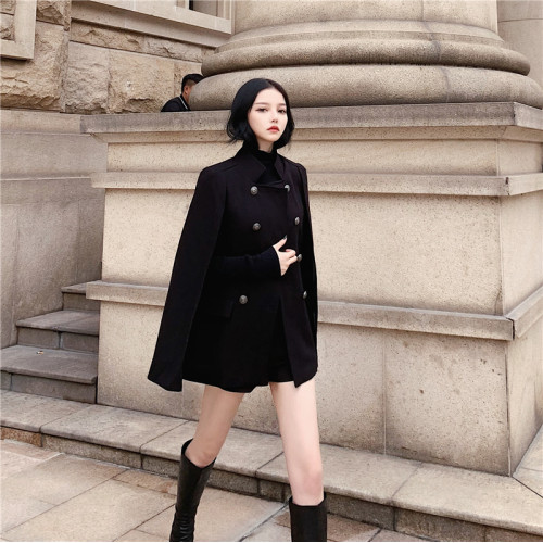 黑色毛呢外套女2023韓版流行加厚娃娃領a字鬭篷赫本小個子呢大衣 黑色毛呢外套女2023韓版流行加厚娃娃領a字鬭篷赫本小個子呢大衣