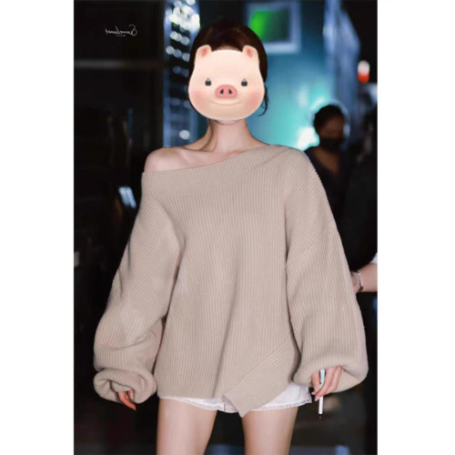 露絲許妍同款一字肩毛衣女春秋冬季韓系慵懶風寬松斜露肩針織上衣 露絲許妍同款一字肩毛衣女春秋冬季韓系慵懶風寬松斜露肩針織上衣