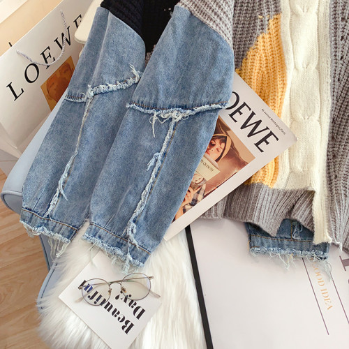 牛仔袖子拼接設計感毛衣女今年流行2023秋冬新款寬松慵懶針織上衣