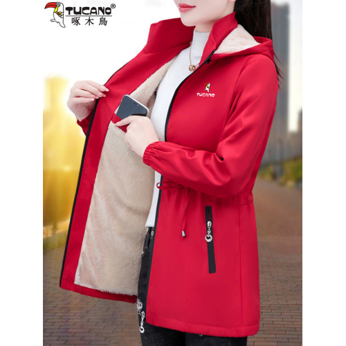 啄木鳥加絨外套女中長款2025年秋冬新款中年媽媽加厚保暖風衣夾克 啄木鳥加絨外套女中長款2025年秋冬新款中年媽媽加厚保暖風衣夾克