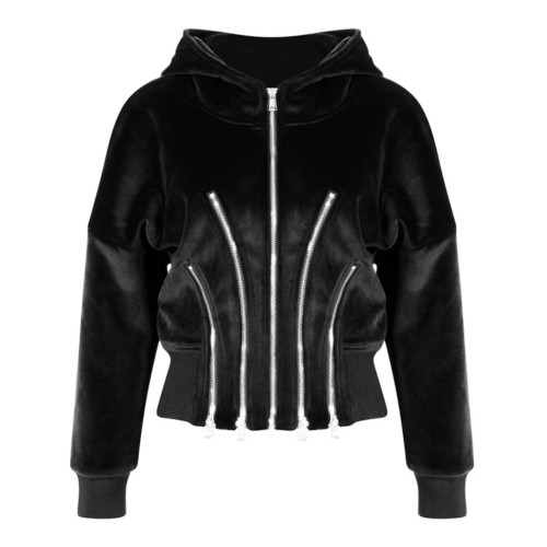 設計感小衆寬松收腰加絨加厚拉鍊金絲絨短款連帽衛衣開衫外套女秋 設計感小衆寬松收腰加絨加厚拉鍊金絲絨短款連帽衛衣開衫外套女秋