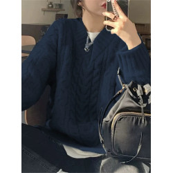 大碼胖MM藏藍色v領麻花毛衣女秋冬2025新款小衆軟糯慵懶針織上衣