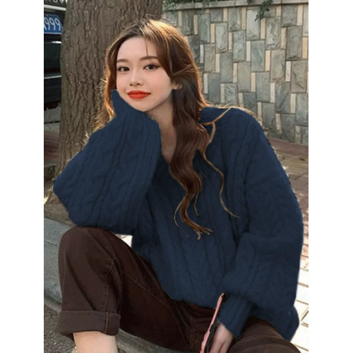 大碼胖MM藏藍色v領麻花毛衣女秋冬2025新款小衆軟糯慵懶針織上衣