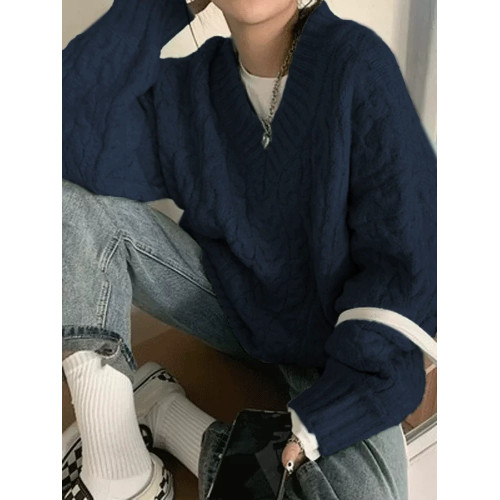 大碼胖MM藏藍色v領麻花毛衣女秋冬2025新款小衆軟糯慵懶針織上衣