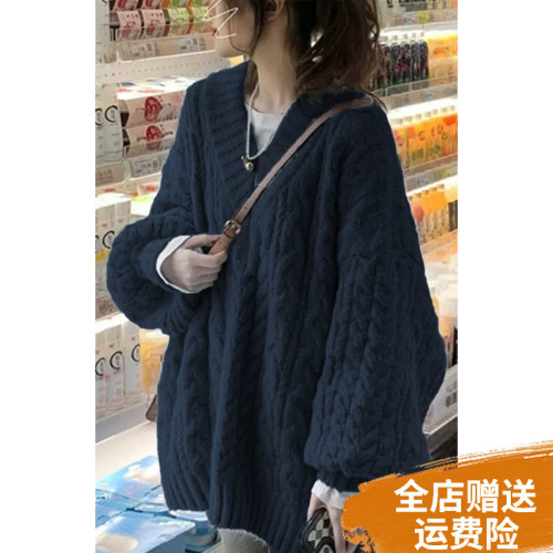 大碼胖MM藏藍色v領麻花毛衣女秋冬2025新款小衆軟糯慵懶針織上衣