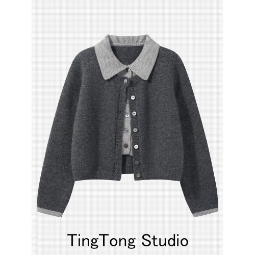 學院風POLO領假兩件毛衣外套女秋冬新款復古氣質減齡短款針織開衫 學院風POLO領假兩件毛衣外套女秋冬新款復古氣質減齡短款針織開衫