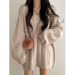 韓國chic秋冬慵懶風V領麻花毛衣女寬松休閒百搭中長款針織連衣裙